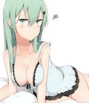  alternate_costume aqua_eyes aqua_hair bare_shoulders breasts cleavage closed_mouth cole collarbone commentary eyebrows hair_between_eyes hair_ornament hairclip kantai_collection large_breasts long_hair looking_at_viewer simple_background solo strap_slip suzuya_(kantai_collection) white_background 