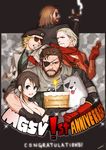  4boys angry anniversary beard beret big_boss bikini_top blonde_hair blue_eyes brown_hair cake candle cigar clenched_teeth diamond_dog dog eyepatch facial_hair fire flame food gloves hat kazuhira_miller looking_at_viewer mechanical_arm metal_gear_(series) metal_gear_solid_v multiple_boys nagi_(siki2n) ponytail quiet_(metal_gear) revolver_ocelot scar smile sparkle spoilers sunglasses teeth venom_snake 