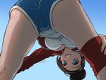  :d artist_name asahina_aoi ass bent_over blue_background blue_eyes blue_shorts blush breasts brown_hair danganronpa danganronpa_1 dark_skin eudetenis from_behind gradient hair_ornament hairclip highres jacket kneepits large_breasts looking_at_viewer open_mouth ponytail red_jacket shorts signature smile solo spread_legs tank_top 