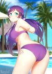  artist_name ass bikini blurry blush breasts depth_of_field from_behind green_eyes grin large_breasts long_hair looking_at_viewer looking_back love_live! love_live!_school_idol_project low_twintails marshall_(wahooo) palm_tree pink_scrunchie pool purple_bikini purple_hair scrunchie side-tie_bikini smile solo swimsuit toujou_nozomi tree twintails underboob 