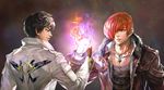  choker fire hair_over_one_eye jacket kim_yura_(goddess_mechanic) kusanagi_kyou male_focus multiple_boys purple_fire pyrokinesis red_eyes red_hair smile the_king_of_fighters the_king_of_fighters_xiv yagami_iori 
