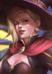  alternate_costume blonde_hair blue_eyes breasts capelet cleavage earrings halloween halloween_costume hat highres jack-o'-lantern jack-o'-lantern_earrings jewelry lips looking_at_viewer mechanical_wings mercy_(overwatch) nose overwatch parted_lips realistic signature small_breasts smile solo wee_kiat_goh wings witch_hat witch_mercy yellow_wings 