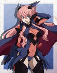  black_legwear blue_eyes bodysuit breasts cape cleavage colorized flower hair_flower hair_ornament highres long_hair maria_cadenzavna_eve medium_breasts navel open_mouth pink_hair see-through senki_zesshou_symphogear solo spike_wible thighhighs 