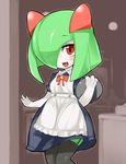  2012 3_fingers ambiguous_gender blush bow_tie clothing garter_straps green_hair green_skin hair kirlia legwear looking_at_viewer maid_uniform mizo_ne nintendo open_mouth pok&eacute;mon red_eyes smile solo thigh_highs uniform video_games white_skin 