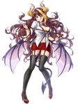  ass_visible_through_thighs bangs bat_wings belt belt_buckle between_legs black_bra black_legwear blonde_hair blush bra bracelet breasts brown_hair buckle bud demon_girl demon_horns demon_tail demon_wings eyebrows eyebrows_visible_through_hair eyelashes full_body garter_straps hair_between_eyes high_heels holding_whip horns jewelry kerberos_blade legs_apart long_hair looking_at_viewer low_wings medium_breasts miniskirt multicolored_hair navel necklace parted_lips pencil_skirt pointy_ears purple_hair red_eyes red_footwear red_skirt shirt shoes short_sleeves skirt smile solo stomach streaked_hair succubus tail tail_between_legs thighhighs thorns transparent_background tyone underwear very_long_hair wavy_hair whip white_shirt wings zettai_ryouiki 