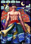  1boy 2011 crescent_moon egasumi eilinna floral_print green_hair haramaki japanese_clothes male_focus moon mouth_hold multiple_swords one_piece oni red_eyes roronoa_zoro scar shirtless sword topless wado_ichimonji wave_print 