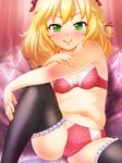  beniten3 black_legwear blonde_hair blush bra braid flat_chest green_eyes highres idolmaster idolmaster_cinderella_girls navel panties pink_bra pink_panties polka_dot polka_dot_bra polka_dot_panties sakurai_momoka short_hair sitting smile solo spread_legs thighhighs underwear 