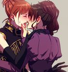  after_kiss bangs blush brown_hair chinese_clothes closed_eyes earrings elbow_gloves elina_kuroe_no_daarin french_kiss gloves jewelry kiss lipstick makeup multiple_girls parted_lips ponytail puffy_sleeves saliva saliva_trail simple_background sweat tied_hair umineko_no_naku_koro_ni ushiromiya_eva ushiromiya_natsuhi yuri 