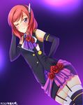  a-rise black_gloves black_hairband cosplay dated elbow_gloves flower from_below garter_straps gloves hair_flower hair_ornament hairband hand_in_hair hand_on_hip highres looking_at_viewer love_live! love_live!_school_idol_project nishikino_maki one_eye_closed purple_eyes red_flower red_hair shocking_party solo thighhighs toudou_erena toudou_erena_(cosplay) yu-ta 