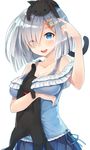  alternate_costume animal animal_on_head bare_shoulders blue_eyes blue_skirt blush breast_hold breasts casual cat collarbone detached_sleeves eyes_visible_through_hair frills hair_ornament hair_over_one_eye hairclip hamakaze_(kantai_collection) highres kantai_collection large_breasts looking_up mhong off_shoulder on_head one_eye_closed open_mouth short_hair silver_hair skirt skirt_set solo tongue upper_body 