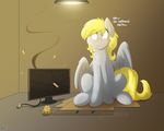  blonde_hair derpy_hooves_(mlp) dialogue english_text feathered_wings feathers female feral food friendship_is_magic fur grey_feathers grey_fur hair muffin my_little_pony patreon sitting solo text wings xaipony_(artist) yellow_eyes 