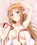  armpits asuna_(sao) blush braid breasts brown_eyes brown_hair crown_braid long_hair looking_at_viewer lying medium_breasts on_back open_clothes parted_lips pointy_ears qiuzhi_huiyi red_ribbon ribbon solo sword_art_online undressing 