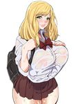  bag blonde_hair blush bow bowtie breasts gero_1992 green_eyes large_breasts lips long_hair looking_at_viewer pleated_skirt school_bag school_uniform see-through shirt simple_background skirt smile solo wet wet_clothes wet_shirt 