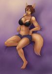  5_fingers 5_toes ajna anthro bra brown_hair clothed clothing eyelashes female green_eyes hair mammal midriff navel purple_background simple_background sitting smile solo toes underwear wide_hips 