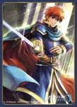  blue_eyes cape copyright_name eliwood_(fire_emblem) fire_emblem fire_emblem:_rekka_no_ken fire_emblem_cipher holding holding_sword holding_weapon looking_at_viewer male_focus official_art red_hair shoulder_armor smile solo spaulders sword wada_sachiko weapon 