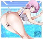  absurdres anus ass breasts competition_swimsuit eyes_visible_through_hair highres kawai_hanabi keijo!!!!!!!! large_breasts monteferro one-piece_swimsuit pink_hair purple_eyes pussy signature smile solo swimsuit torn_clothes torn_swimsuit wardrobe_malfunction waving 