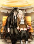  1girl absurdres bench black_hair black_legwear closed_eyes collaboration danganronpa danganronpa_3 formal game_over hair_ornament hairclip handheld_game_console highres holding_hands hood hoodie imo_(kong) kamukura_izuru kibougamine_gakuen_school_uniform leaning_on_person leaning_to_the_side loafers long_hair murasaki_(deceive138) nanami_chiaki necktie school_uniform shoes short_hair sitting skirt spoilers suit thighhighs very_long_hair zettai_ryouiki 