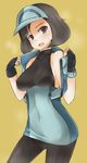  ace_trainer_(pokemon) black_eyes black_hair black_legwear breasts fingerless_gloves gloves hat medium_breasts naik open_mouth pantyhose pokemon pokemon_(game) pokemon_sm short_hair sideboob simple_background sketch solo sweat undressing visor_cap 