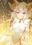  absurdres akirannu bad_id bad_pixiv_id blonde_hair blue_eyes dragon_girl dragon_horns dragon_wings dress hair_ribbon highres horns looking_at_viewer myr_(p&amp;d) parted_lips puzzle_&amp;_dragons ribbon scales short_hair solo sparkle white_dress wings 