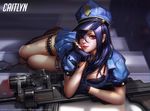  alternate_costume blue_hair boots bra breasts caitlyn_(league_of_legends) character_name glasses gloves gun hat huge_breasts league_of_legends liang_xing long_hair looking_at_viewer officer_caitlyn police police_uniform realistic rifle sniper_rifle solo underwear uniform watermark weapon web_address 