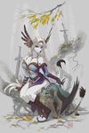  4_toes 5_fingers anthro barefoot black_nose breasts brown_eyes canine clothed clothing detailed_background dragon duo eyelashes eyes_closed female feral fur hair horn jewelry long_hair mammal melee_weapon melloque necklace sitting smile sword toes weapon white_fur white_hair wide_hips 