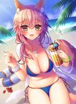  animal_ears bell bikini blue_bikini bracelet breasts cleavage collar collarbone fang fate/grand_order fate_(series) fox_ears fox_girl fox_tail highres jewelry kuro_futoshi large_breasts long_hair looking_at_viewer navel ocean open_mouth pink_hair ribbon solo swimsuit tail tamamo_(fate)_(all) tamamo_no_mae_(fate) tamamo_no_mae_(swimsuit_lancer)_(fate) yellow_eyes 