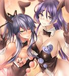  1girl animal_ears ass bare_shoulders black_gloves blush bow bowtie breasts bunny_ears bunnysuit cleavage detached_collar drifters fate/grand_order fate_(series) gloves highres huge_breasts large_breasts long_hair looking_at_viewer mia_(gute-nacht-07) minamoto_no_raikou_(fate/grand_order) name_tag nasu_no_yoichi otoko_no_ko ponytail purple_eyes purple_hair smile wrist_cuffs 