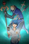  aqua_background bangs blue_eyes blue_hair card closed_mouth collared_shirt crown fire_emblem fire_emblem:_monshou_no_nazo floating floating_card frown guilhermerm hand_in_pocket holding holding_weapon impaled levitation looking_at_viewer male_focus marth persona robe roman_numerals shirt solo swept_bangs sword tarot unsheathed weapon wheel_of_fortune_(tarot_card) 
