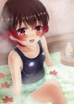  autumn_leaves blush bottle breasts brown_hair bucket highres kantai_collection leaf maple_leaf mutsuki_(kantai_collection) one-piece_swimsuit onsen ootori_(kyoya-ohtori) open_mouth red_eyes school_swimsuit short_hair small_breasts solo swimsuit water 