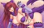  animal_ears bikini breasts commentary_request cosplay dangerous_beast elbow_gloves fate/grand_order fate_(series) fur_trim gloves hair_down halloween_costume lace lace-trimmed_thighhighs large_breasts long_hair looking_at_viewer mash_kyrielight mash_kyrielight_(cosplay) navel open_mouth parted_lips purple_bikini purple_hair red_eyes scathach_(fate)_(all) scathach_(fate/grand_order) shuugetsu_karasu solo star starry_background swimsuit tail thighhighs wolf_ears wolf_tail 