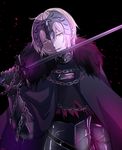  armor black_background cape chain fate/grand_order fate_(series) fur_trim gauntlets genderswap genderswap_(ftm) holding holding_sword holding_weapon jeanne_d'arc_(alter)_(fate) jeanne_d'arc_(fate)_(all) looking_at_viewer male_focus parted_lips silver_hair smile solo sushimaro sword upper_body weapon yellow_eyes 