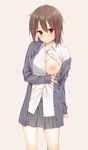  bangs blush breasts brown_eyes brown_hair cardigan commentary_request large_breasts long_sleeves looking_at_viewer mikazuchi_zeus nipples no_bra one_breast_out open_cardigan open_clothes original pleated_skirt school_uniform shirt short_hair simple_background skirt sleeves_past_wrists smile solo unbuttoned white_shirt 
