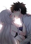  1girl ahoge bare_shoulders black_hair bloom blue_eyes blush breasts cleavage commentary_request couple face-to-face fate/grand_order fate_(series) french_kiss fujimaru_ritsuka_(male) hetero hug jeanne_d'arc_(alter)_(fate) jeanne_d'arc_(fate)_(all) kiss long_hair medium_breasts shirt short_hair silver_hair sushimaro sweat upper_body white_shirt yellow_eyes 