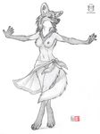  2016 anthro armpits breasts canine claws clothed clothing eyes_closed female greyscale inner_ear_fluff kacey mammal maned_wolf monochrome navel nipples open_mouth open_smile panties pencil_(artwork) sarong smile solo spread_arms standing toe_claws topless traditional_media_(artwork) underwear 