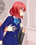  2014 bag blazer bow bowtie dated eyebrows eyebrows_visible_through_hair from_side groping_motion highres imminent_breast_grab jacket love_live! love_live!_school_idol_project nishikino_maki otonokizaka_school_uniform out_of_frame profile purple_eyes red_hair school_bag school_uniform short_hair solo_focus striped striped_bow yu-ta 