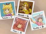  4girls animal_ears artist_name blonde_hair blush centauroid character_age character_name chest_of_drawers child closed_eyes fangs fox_ears fox_tail green_eyes grey_hair holding_hands kitsune_(mon-musu_quest!) looking_at_viewer mon-musu_quest! monster_girl multiple_girls myra-avalon nanabi_(mon-musu_quest!) paws photo_(object) red_eyes red_hair short_hair signature slit_pupils smile tail tamamo_(mon-musu_quest!) thumb_sucking whisker_markings yao_(mon-musu_quest!) younger 