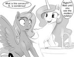  2016 cutie_mark dialogue duo english_text equine feathered_wings feathers female feral friendship_is_magic fur greyscale hair horn mammal monochrome my_little_pony princess_celestia_(mlp) princess_luna_(mlp) silfoe spread_wings text water winged_unicorn wings 