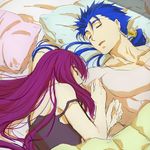  1girl bed bed_sheet blanket blue_hair closed_eyes cuddling fate/grand_order fate/stay_night fate_(series) hair_down hetero lancer long_hair lying lying_on_person off_shoulder on_back on_bed on_side pajamas parted_lips pillow ponytail purple_hair scathach_(fate)_(all) scathach_(fate/grand_order) shared_blanket skin_tight sleeping tank_top under_covers 