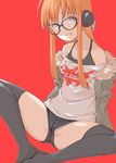  bangs black_legwear blue_eyes fur_trim glasses grin headphones highres jacket long_hair looking_at_viewer off-shoulder_shirt off_shoulder orange_hair persona persona_5 red_background sakura_futaba shirt sidelocks simple_background sitting smile solo spread_legs teeth thighhighs tsukasa_takashi white_shirt 