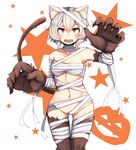  :d animal_ears bandages blush breasts brown_eyes budget_sarashi character_request copyright_request fangs fur grey_hair groin jack-o'-lantern naked_bandage navel open_mouth plan_(planhaplalan) sarashi short_hair small_breasts smile solo tail v-shaped_eyebrows white_background 