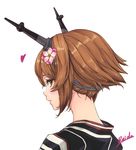  anchor_earrings brown_hair cherry_blossoms flower from_side green_eyes hair_flower hair_ornament headgear japanese_clothes kantai_collection kimono looking_at_viewer looking_back mutsu_(kantai_collection) ozawa_reido short_hair signature smile solo yukata 