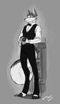  2016 anthro bar bartender bow_tie cleaning clothed clothing cup greyscale inside male marble_fox monochrome ravi_(kly) smile solo standing suit wmdiscovery93 