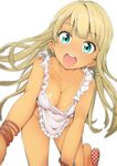  alessandra_susu apron bangle bikini_tan blonde_hair blue_eyes blush bracelet breasts cleavage collarbone covered_nipples earrings highres jewelry kazuo_daisuke long_hair looking_at_viewer medium_breasts naked_apron open_mouth polka_dot sandals smile solo tan tanline tokyo_7th_sisters 