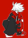  baggy_pants belt black_pants blazblue claws giant_hand gloves green_eyes jacket loose_belt male_focus pants ragna_the_bloodedge red_background red_eyes red_jacket sabisuke_(be) sitting smile solo spiked_hair white_hair 