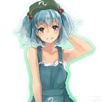  adapted_costume arm_behind_head armpits bare_arms bare_shoulders blue_eyes blue_hair collarbone commentary_request hair_bobbles hair_ornament hat highres kawashiro_nitori looking_at_viewer nuqura overalls parted_lips short_hair smile solo tank_top touhou two_side_up upper_body 