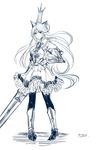  alternate_height animal_ears armor armored_boots artist_name boots breastplate cat_ears charlotta_fenia closed_mouth commentary crown erune full_body granblue_fantasy greenopi greyscale highres long_hair monochrome pantyhose petticoat puffy_sleeves shield sketch skirt solo standing sword very_long_hair weapon 