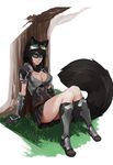  animal_ears armor bandit_(cathare-saurus) black_hair black_skirt boots breasts cleavage domino_mask gloves goggles goggles_on_head grass greaves green_eyes highres knee_boots large_breasts less looking_at_viewer mask on_ground original pauldrons raccoon_ears raccoon_tail sitting skirt solo tail thighs tree vambraces 