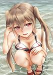  absurdres ahoge bikini black_ribbon blush breasts cleavage collarbone flip-flops from_above hair_flip hair_ribbon highres kantai_collection kokuzoo light_brown_hair long_hair medium_breasts murasame_(kantai_collection) open_mouth red_eyes ribbon sandals smile solo squatting swimsuit twintails water 