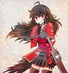  black_hair black_skirt commentary_request finger_to_mouth grin iesupa long_hair mature raven_branwen red_eyes rwby skirt smile solo translation_request 