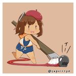  art_brush beret brown_eyes brown_hair brush capriccyo chibi hat i-401_(kantai_collection) i-class_destroyer kantai_collection one-piece_swimsuit oversized_object paintbrush ponytail running sailor_collar school_swimsuit shinkaisei-kan short_ponytail smile solo swimsuit swimsuit_under_clothes tan tanline 